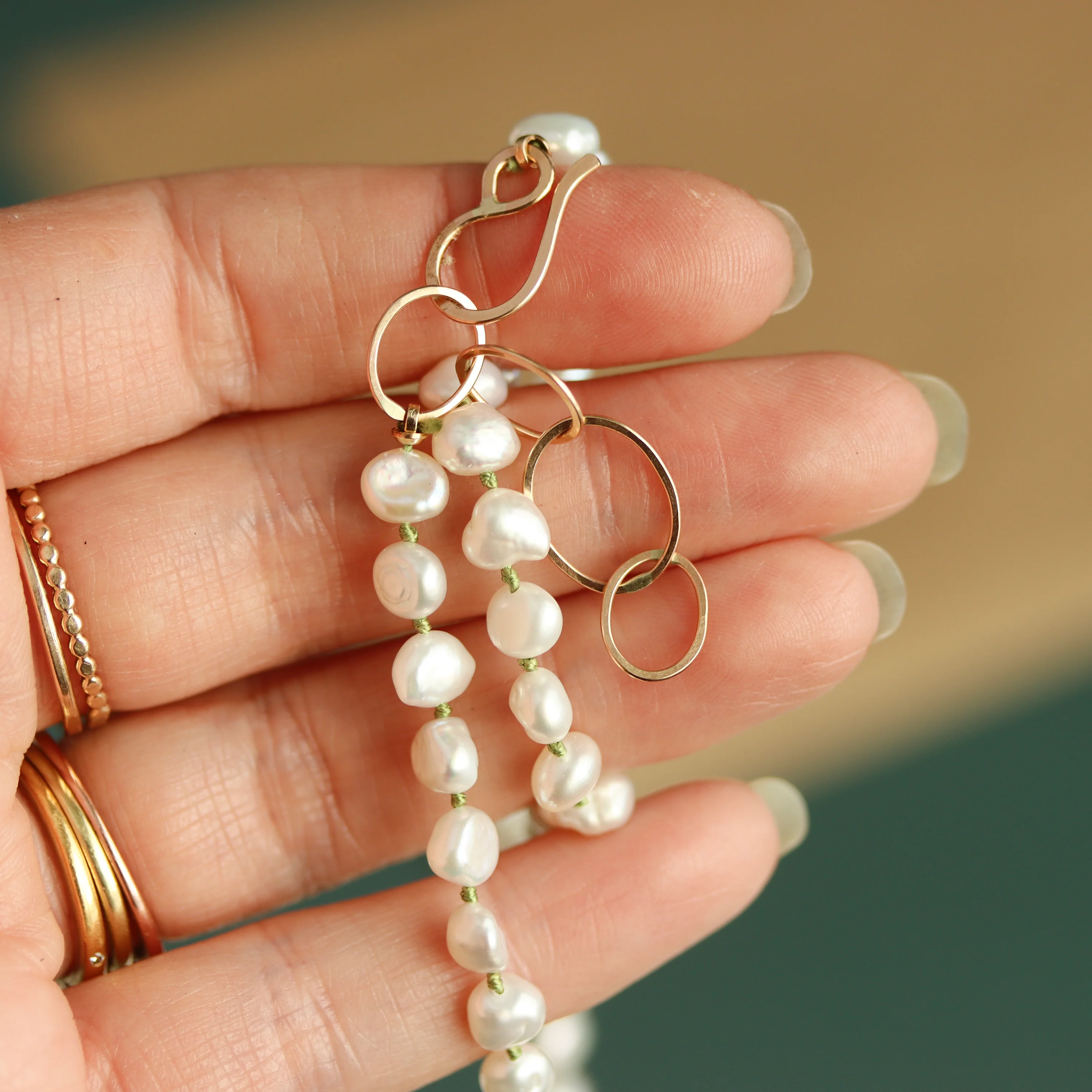 Chunky Keshi Pearl Necklace on Knotted Green SIlk - Image 2