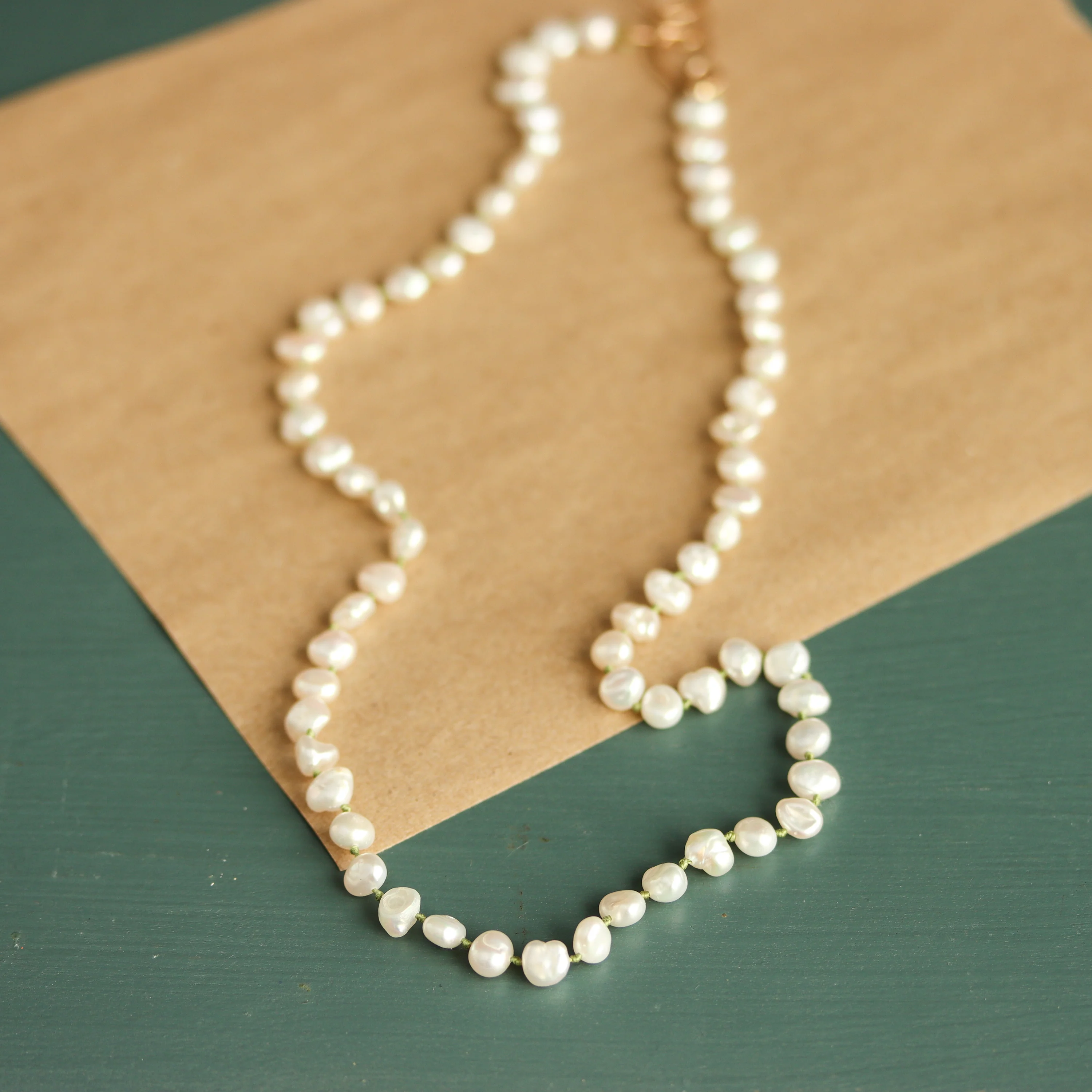 Chunky Keshi Pearl Necklace on Knotted Green SIlk - Image 3