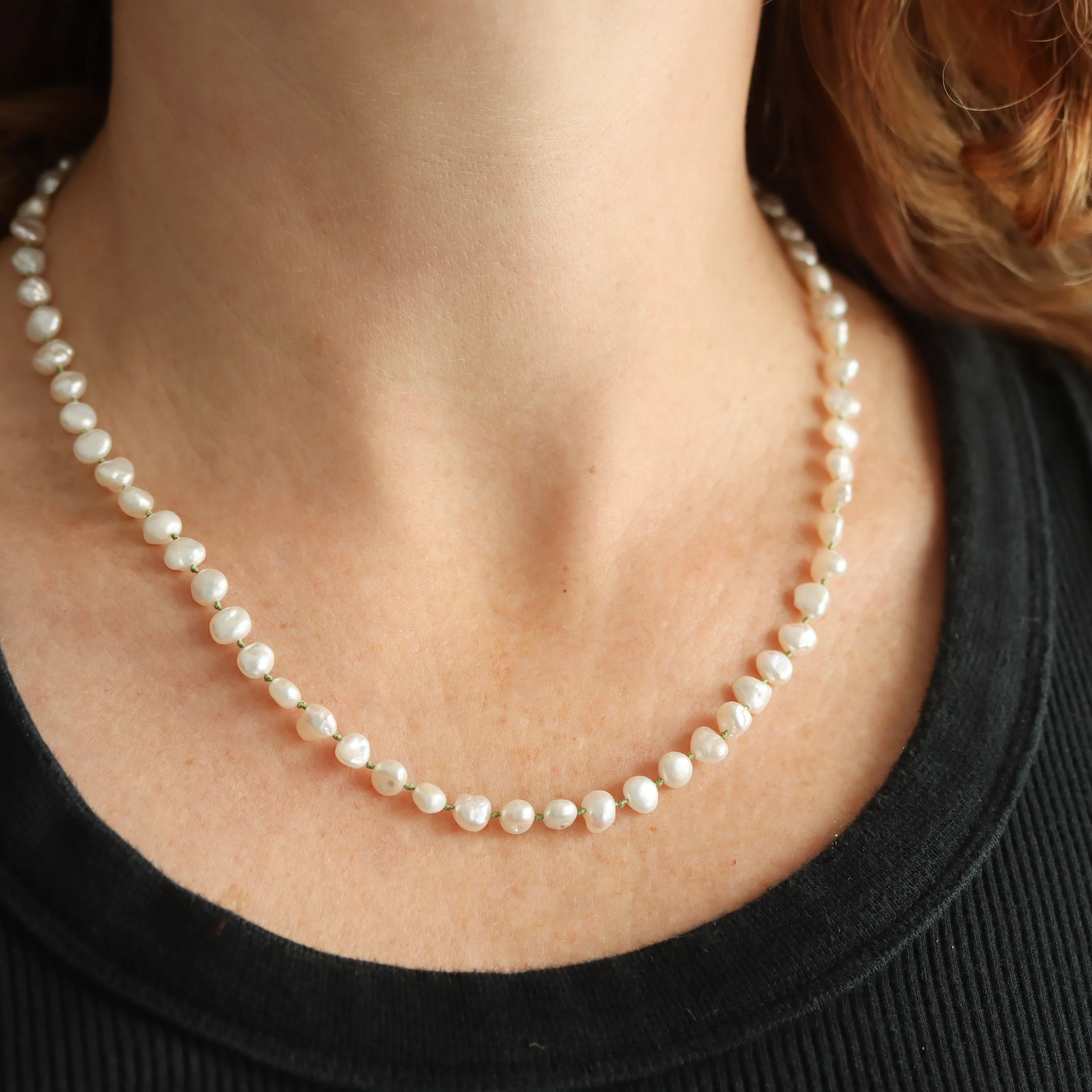 Chunky Keshi Pearl Necklace on Knotted Green SIlk - Image 4