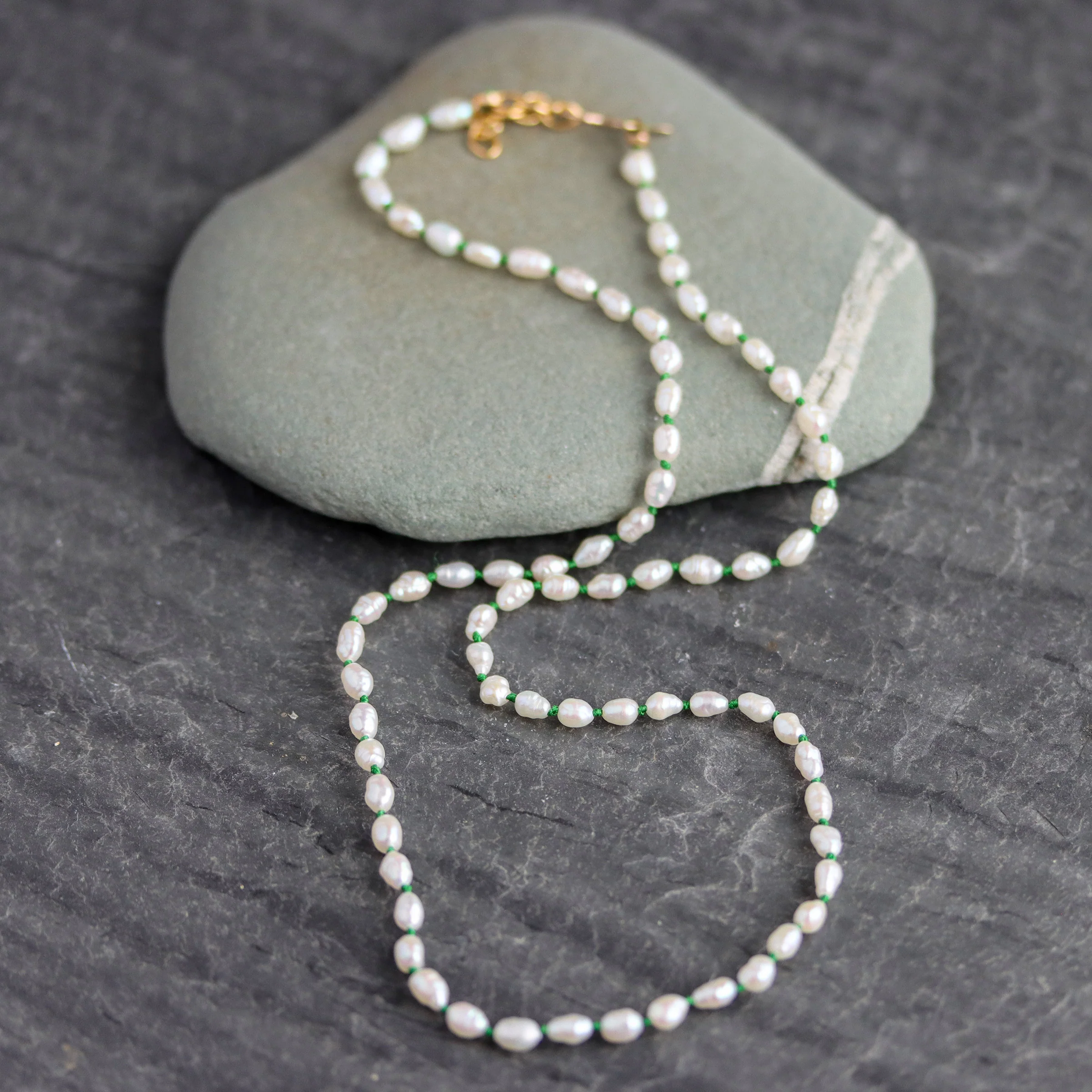 Keshi Pearl Knotted Necklace on Green Silk - Image 3