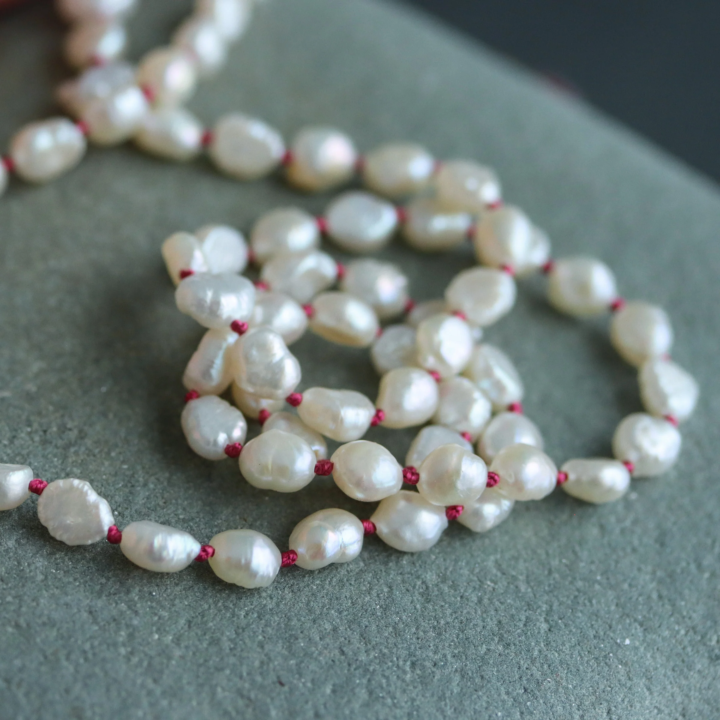 Keshi Pearl Knotted Necklace on Red Silk - Image 3