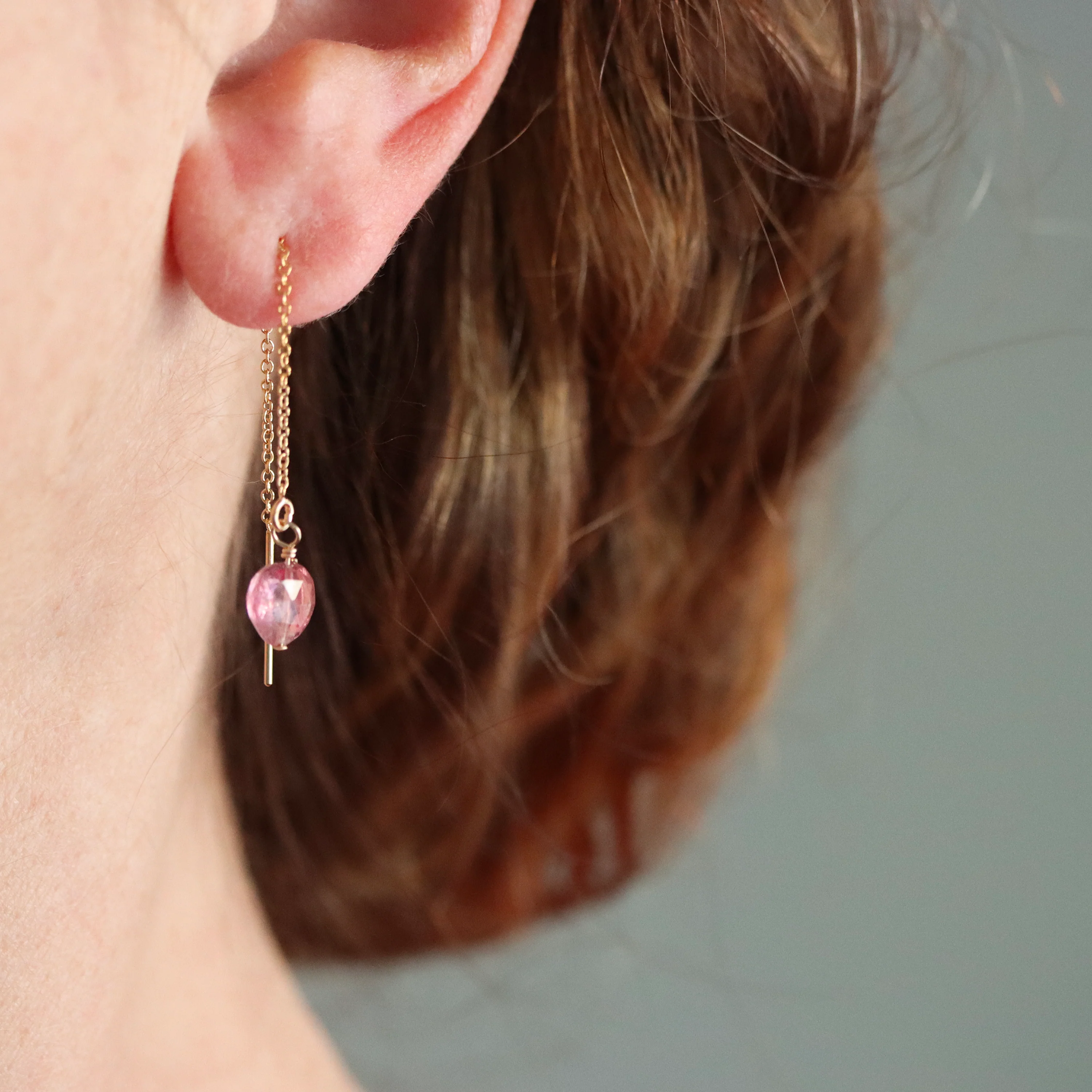 Pink Tourmaline Teardrop Threader Earrings - Image 4