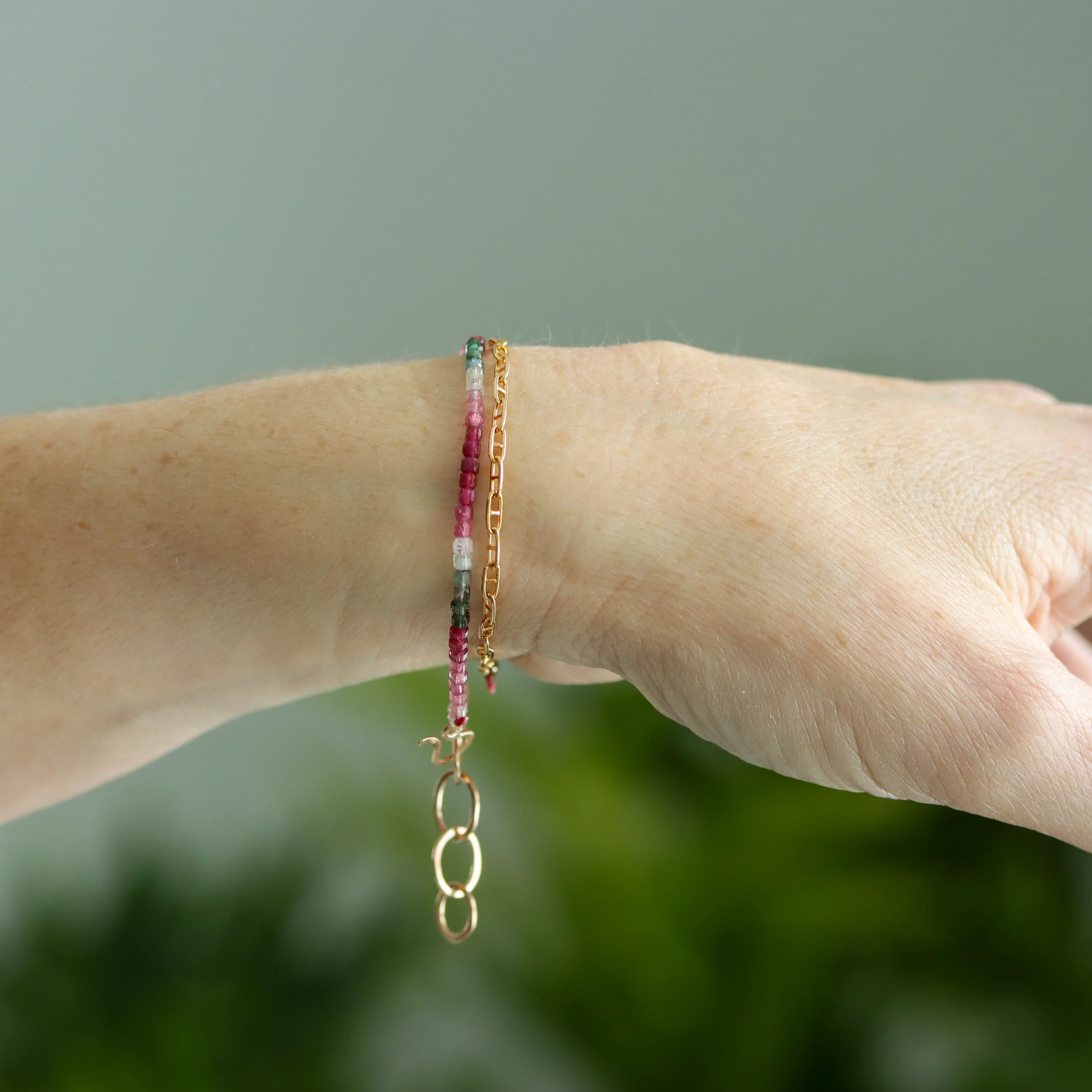Watermelon Tourmaline and Gold Fill Chain Wrap Bracelet - Image 3