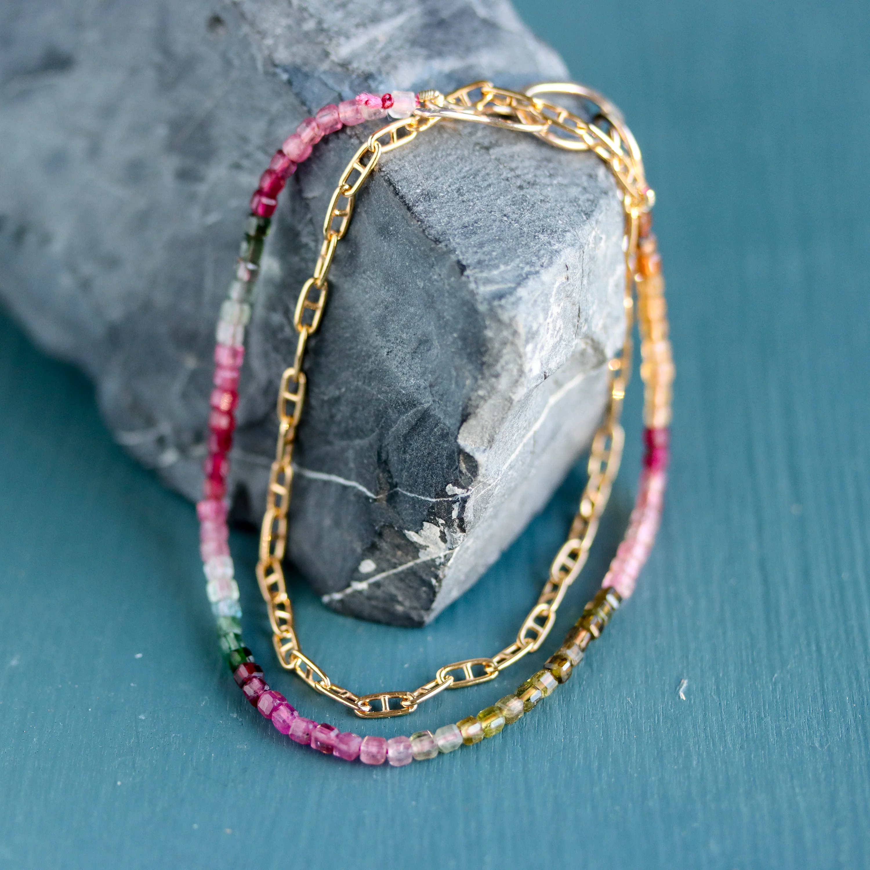 Watermelon Tourmaline and Gold Fill Chain Wrap Bracelet - Image 4