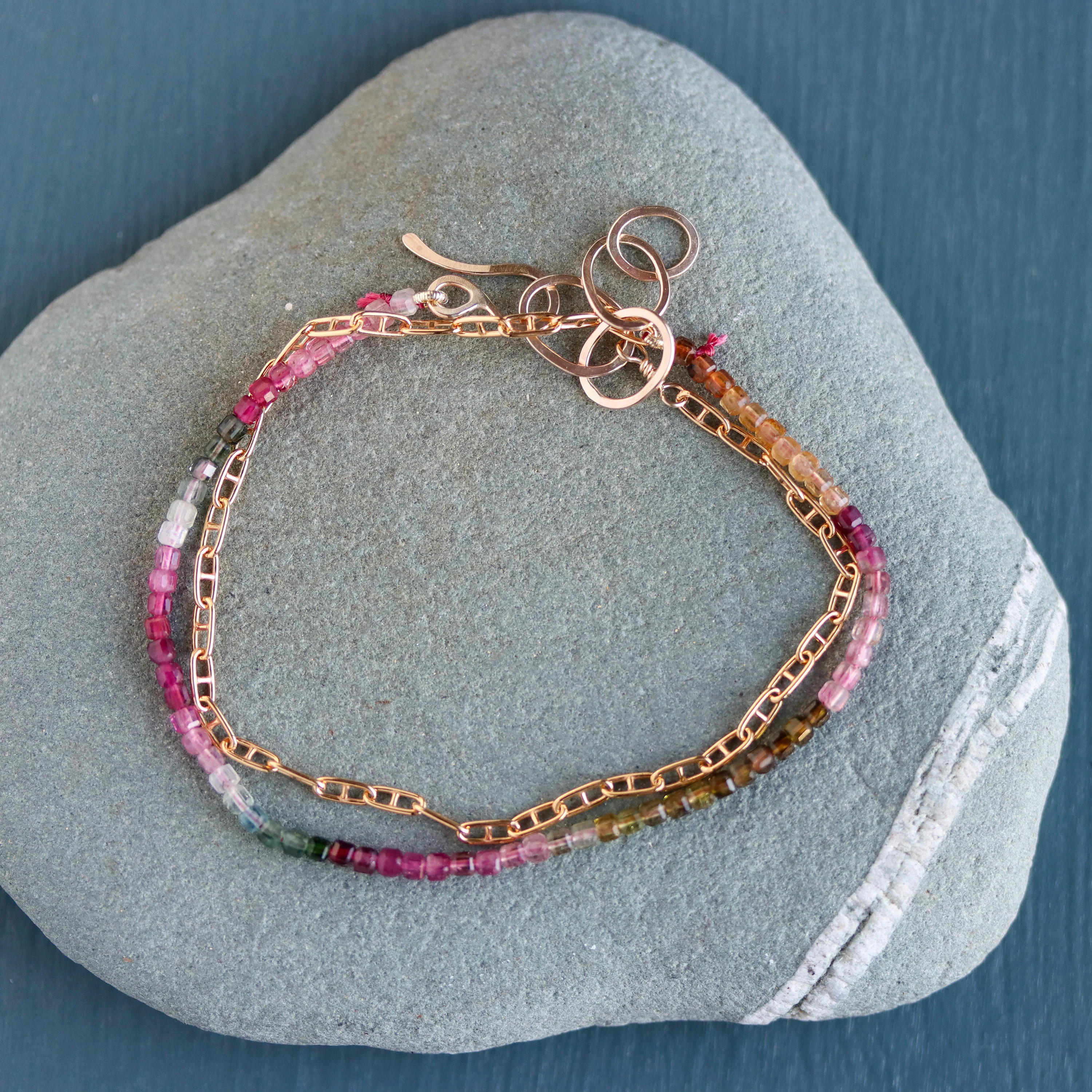 Watermelon Tourmaline and Gold Fill Chain Wrap Bracelet - Image 5