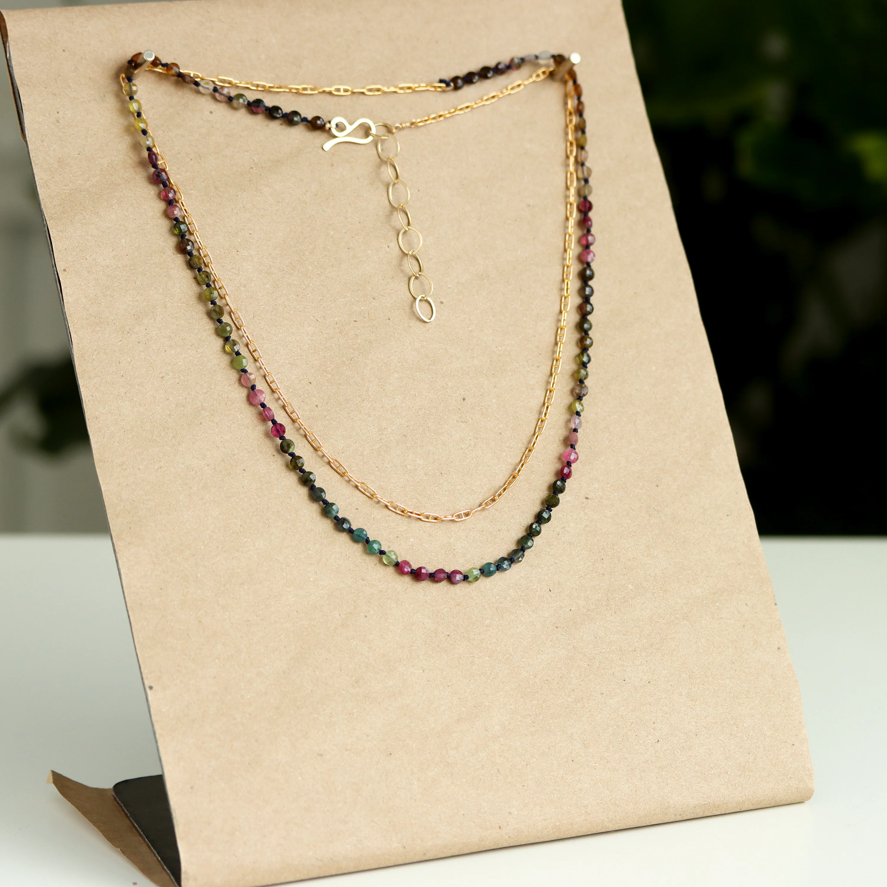 Watermelon Tourmaline and Gold Fill Chain Wrap Necklace - Image 3