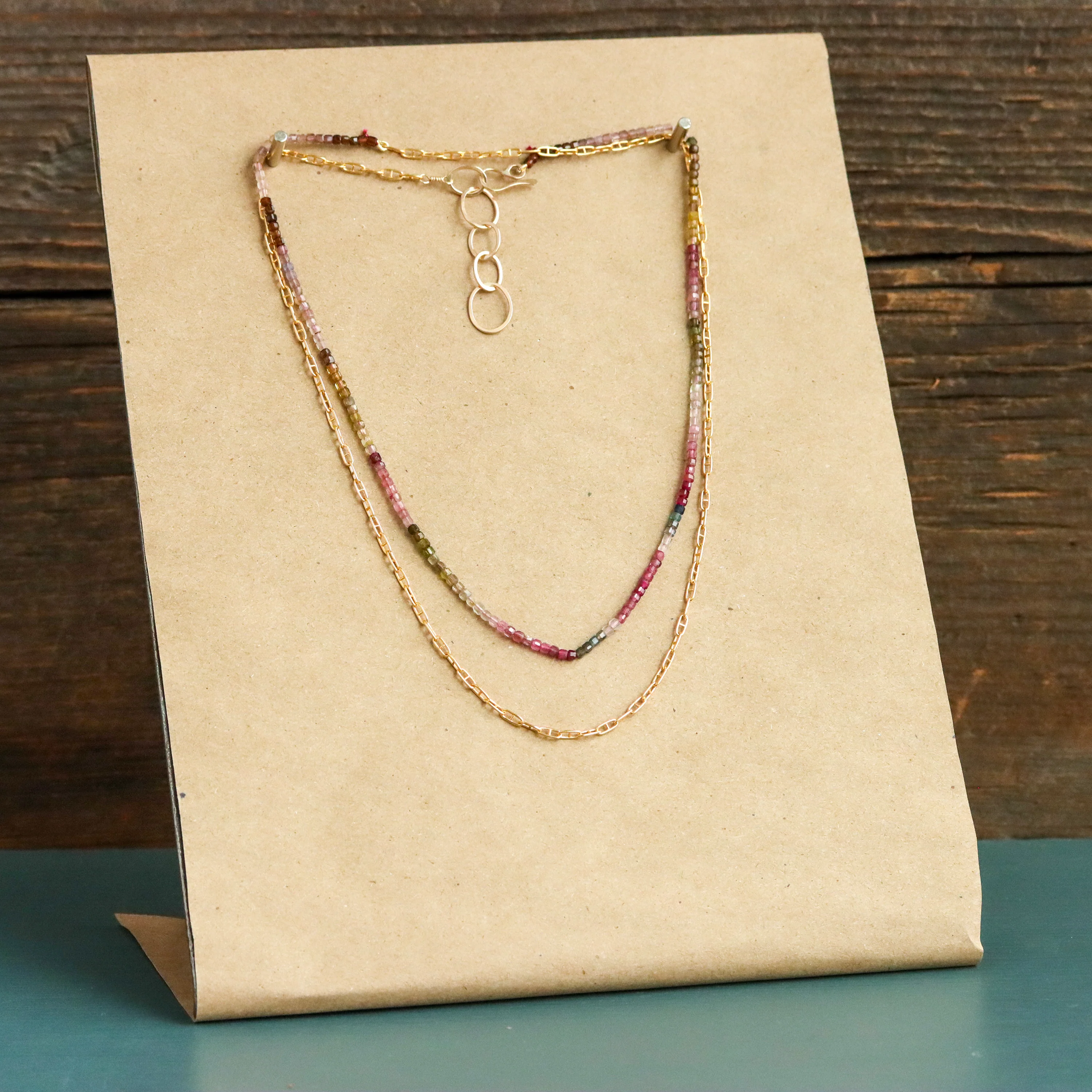Watermelon Tourmaline and Gold Fill Chain Wrap Necklace - Image 2