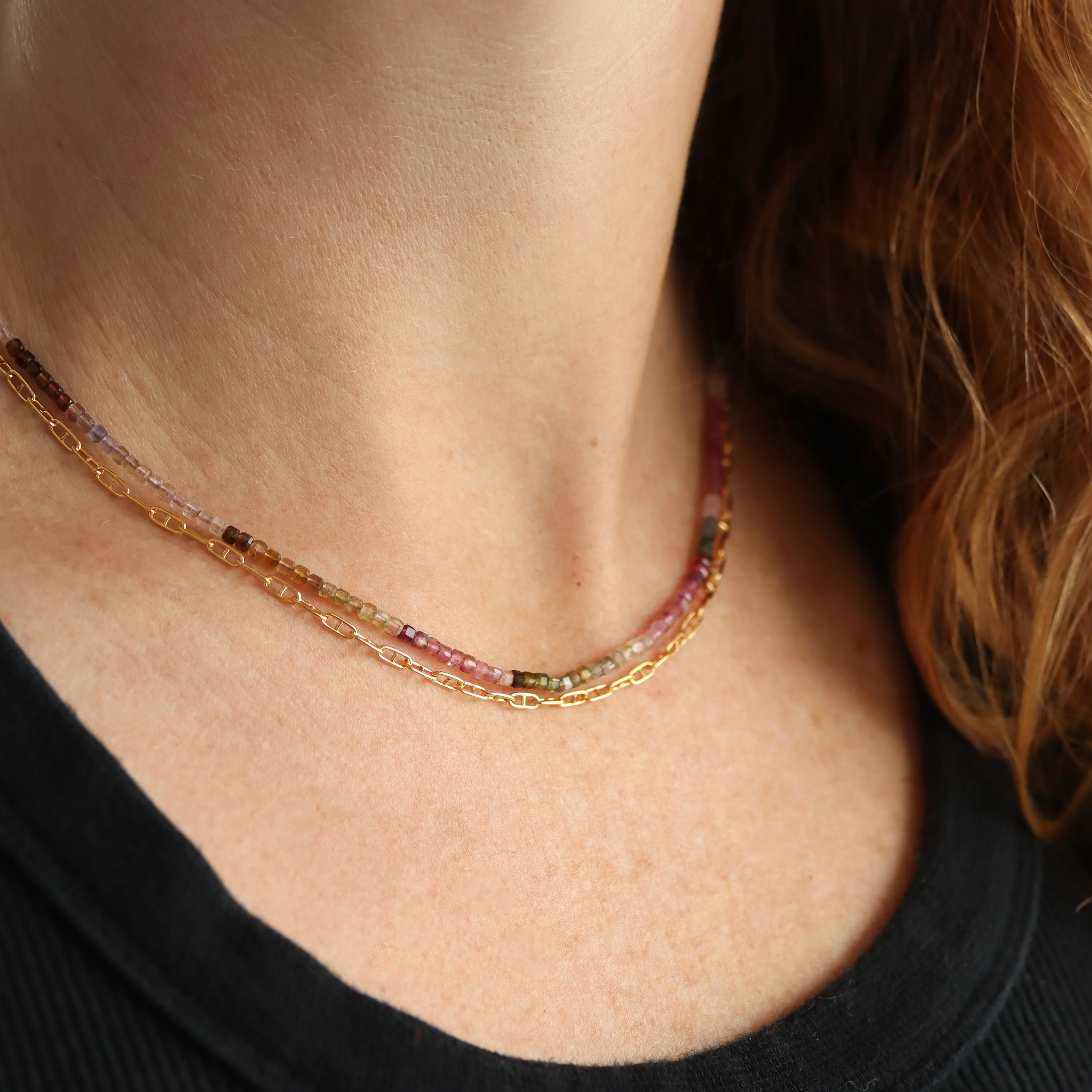 Watermelon Tourmaline and Gold Fill Chain Wrap Necklace - Image 3