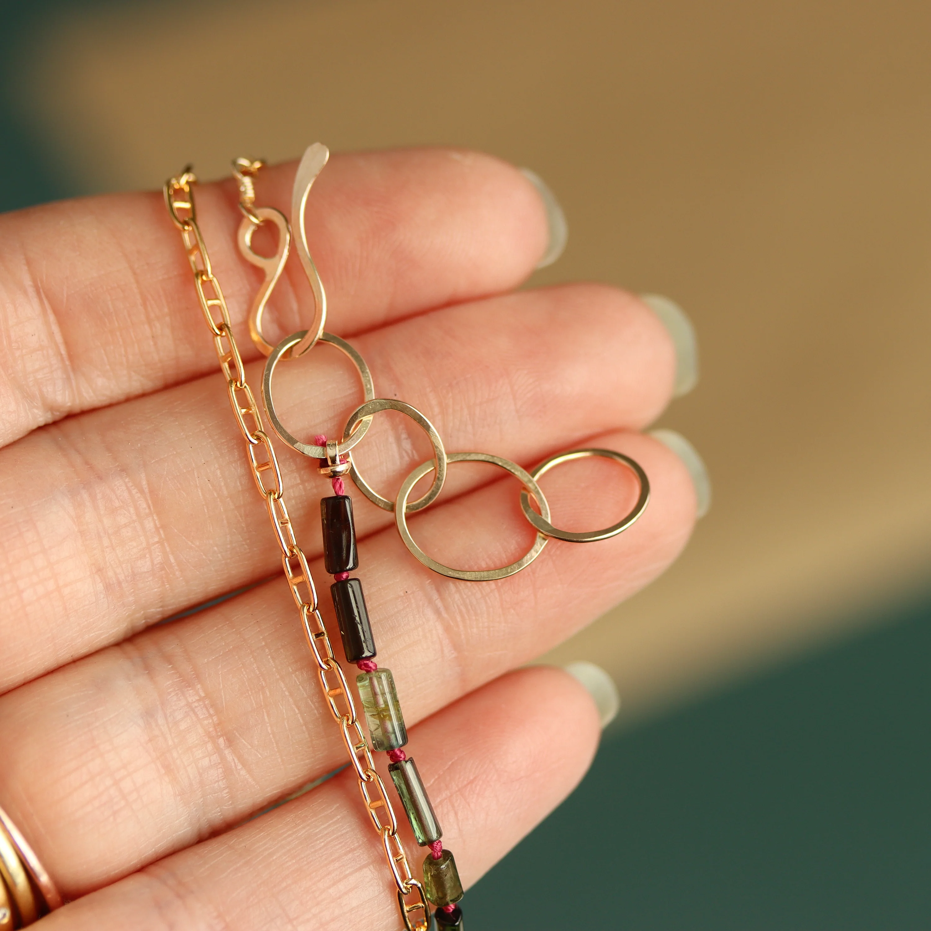 Watermelon Tourmaline Tube Bead and Gold Fill Chain Wrap Necklace - Image 3