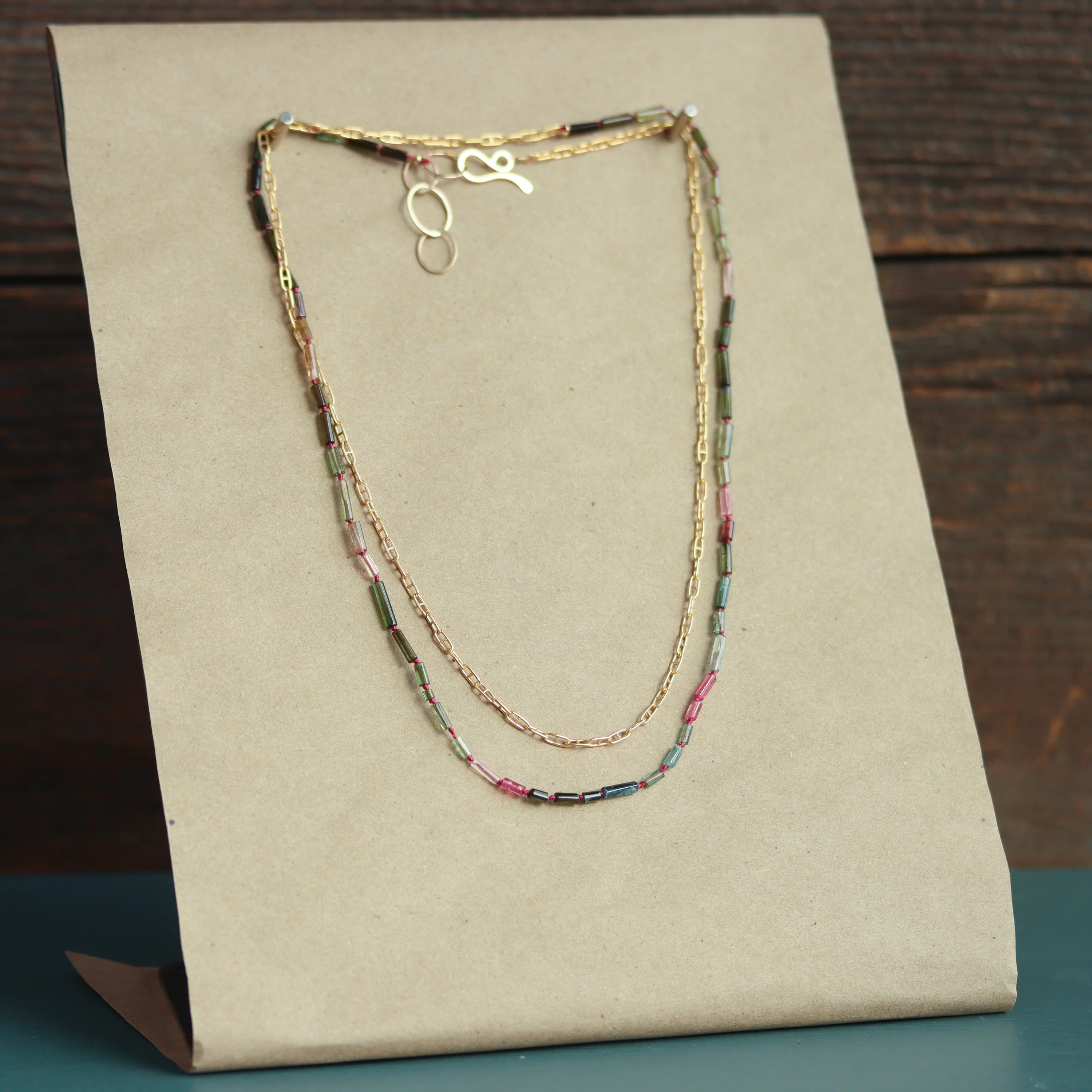 Watermelon Tourmaline Tube Bead and Gold Fill Chain Wrap Necklace - Image 4