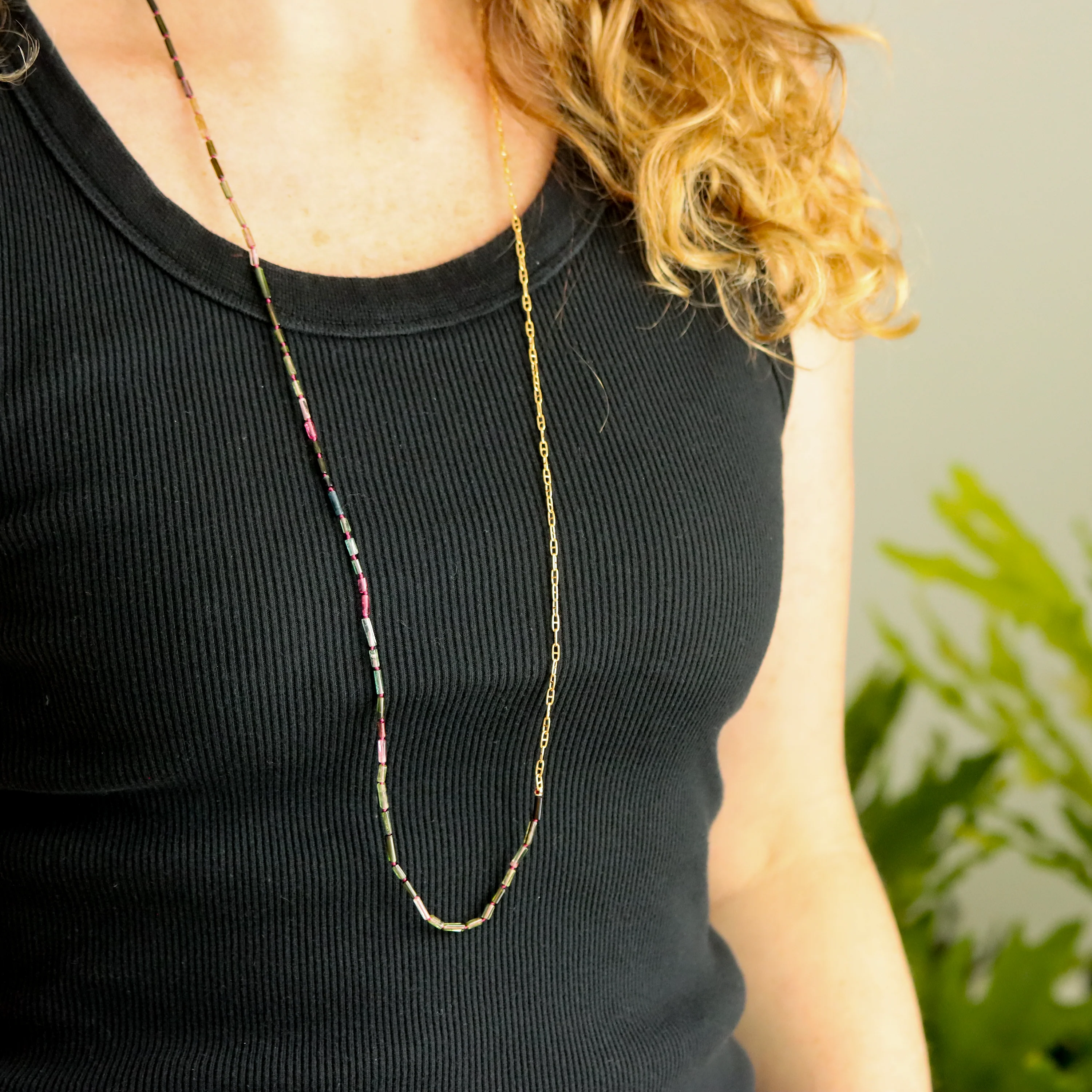 Watermelon Tourmaline Tube Bead and Gold Fill Chain Wrap Necklace - Image 5