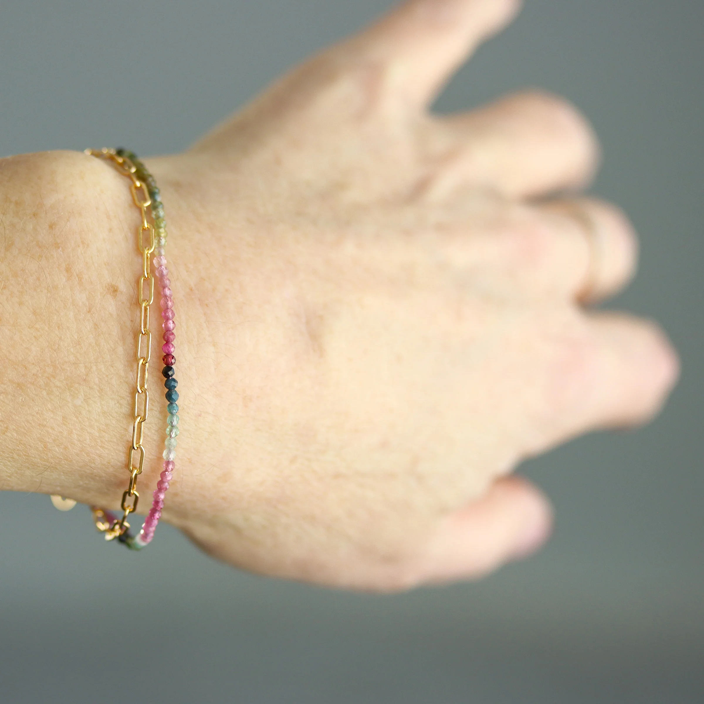 Watermelon Tourmaline and Paperclip Chain Wrap Bracelet - Image 2