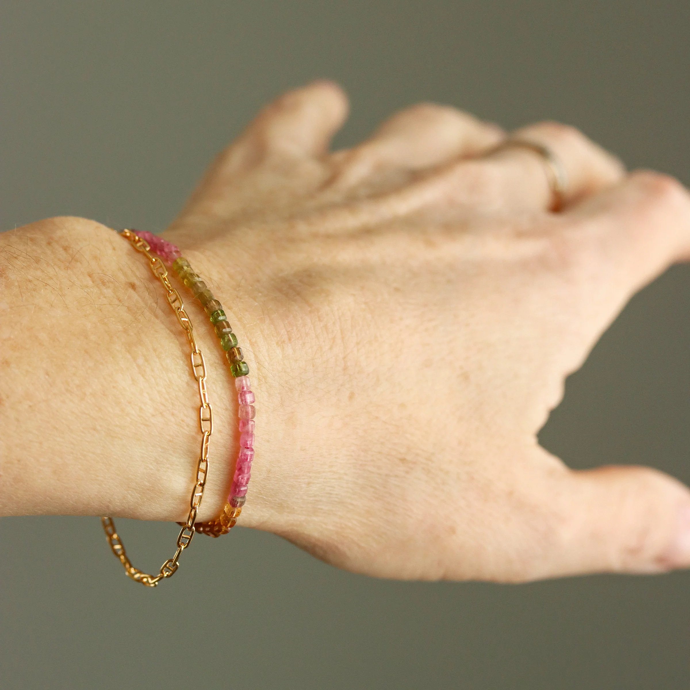Watermelon Tourmaline Wrap Bracelet on Gold Paperclip Chain - Image 2